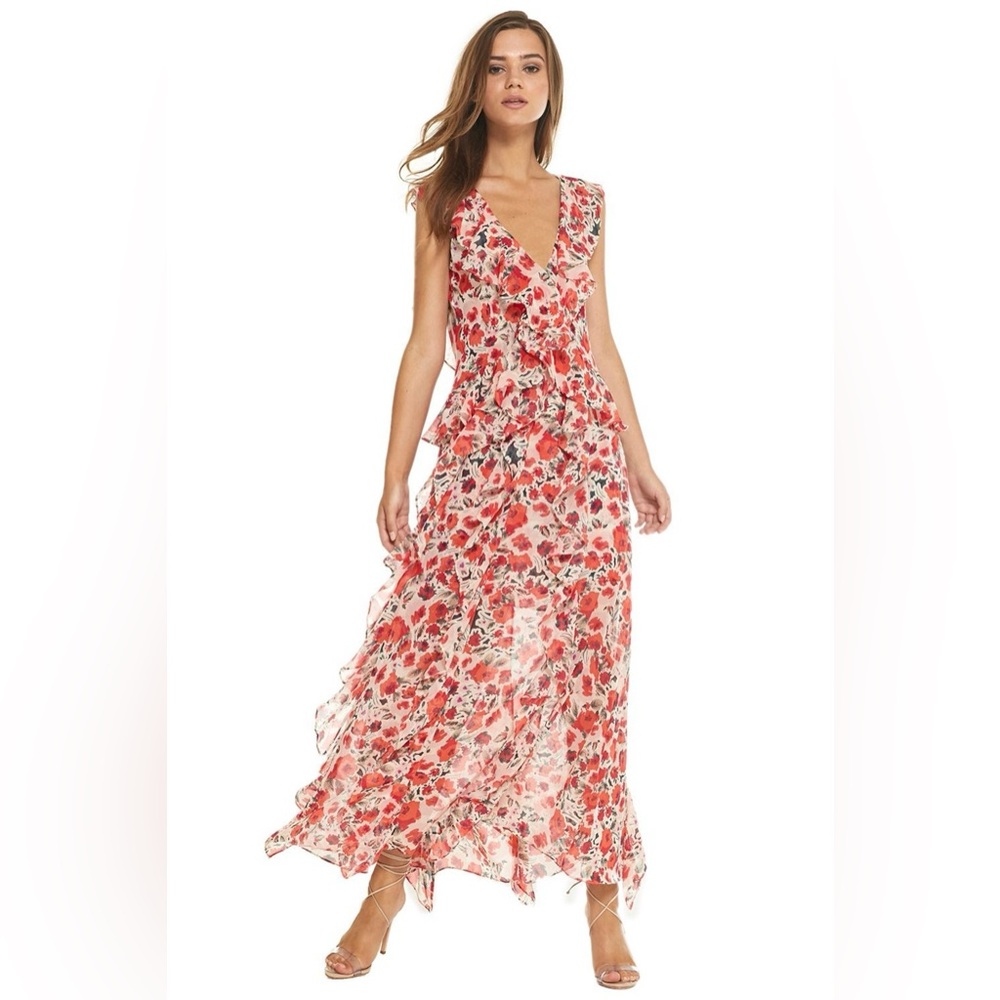 Misa Los Angeles Coral and White Floral Ruffle Maxi Dress